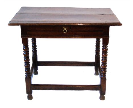 18th century oak side table, rectangular two plank top with moulded edge above single scratch moulded frieze drawer, fitted s