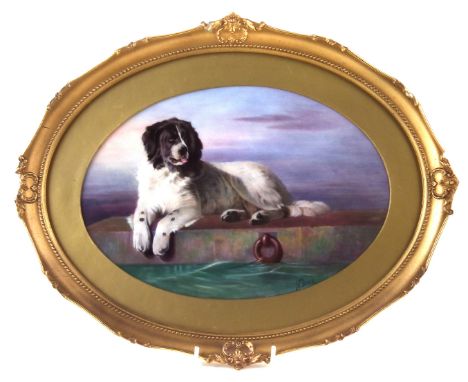 J. E. Dean oval porcelain panel, probably Minton, painted with a Newfoundland after Sir Edwin Landseer, within gilt frame, th