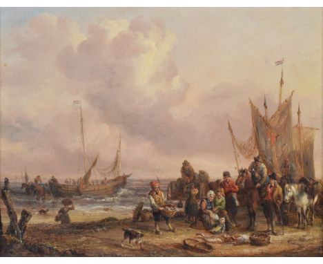 Edmund Bristow (British, 1787-1876), "Landing Fish, Isle of Wight", titled on gilt nameplate, oil on panel, 15.5 x 21cm, 6.25