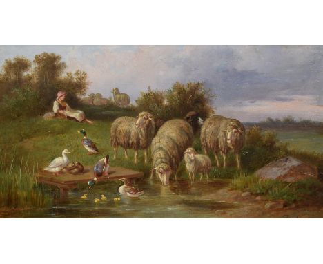 Adolf Nowey (b.1835), "Weidende Schafe" - sheep and ducks at a pond, signed, titled on label verso, oil on panel, 24.5 x 45.5