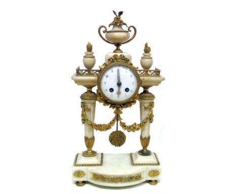 Late 19th century French portico clock, the classical alabaster casing with ormolu mounts supporting barrel brass frame, whit