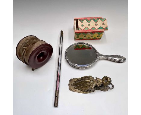 A small set of circular mahogany and brass mounted bellows, 19th century, together with a silver hand mirror, a brass thermom