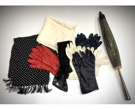 Collection of accessories items including a number of leather/lace gloves, two scarves and a vintage hand-painted parasolCond