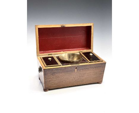 A George III partridge wood and amboyna banded tea caddy, the interior with two lidded compartments, on disc feet, width 33cm