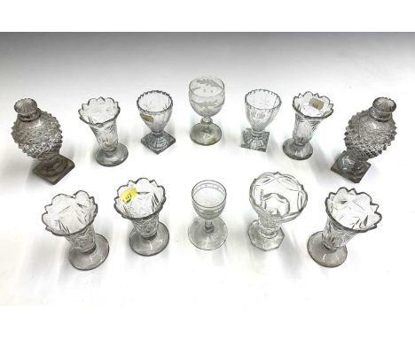 Six assorted Georgian cut jelly glasses, height 10.3cm, together with four condiment urns and two drinking glasses (box).Prov