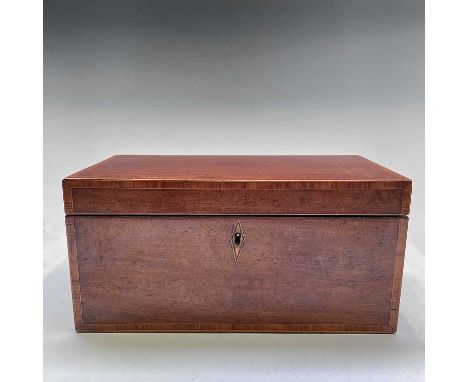 A George III mahogany and rosewood banded rectangular tea caddy, with satinwood and banded interior, containing two lidded co