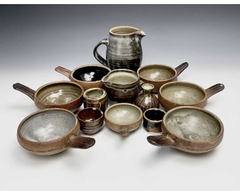 A collection of Leach St Ives pottery standard wares including a Janet Leach small jar (mostly all af)