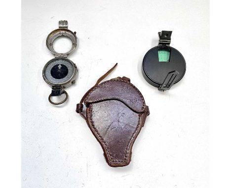 A Surveyor's black lacquered sighting compass, with green card dial, leather cased, overall height 11.5cm, together with a Ve