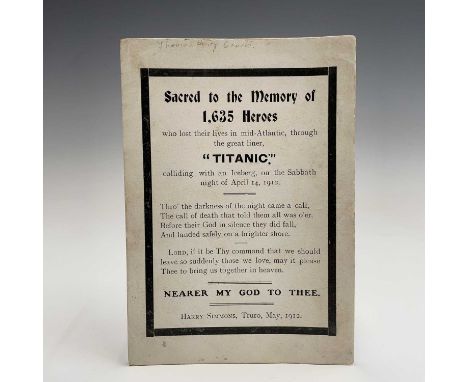 A Titanic memorial card, printed with the inscription 'Sacred to the Memory of 1,635 Heroes who lost their lives...Harry Simm