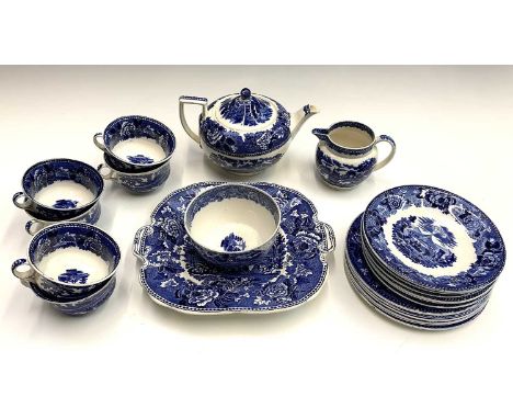 An early 20th century Wedgwood blue and white transfer printed 'Landscape' pattern tea set - six place settings - comprising 