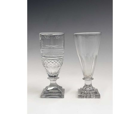 A 19th century strong ale glass or stirrup glass, engraved 'Gone Away', above a fox and trees, height 13.2cm, together with a