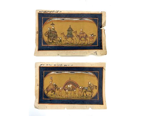Two 19th century Indo-Persian gouache manuscript pages leaves, both depicting figures in procession with animals, writing ver