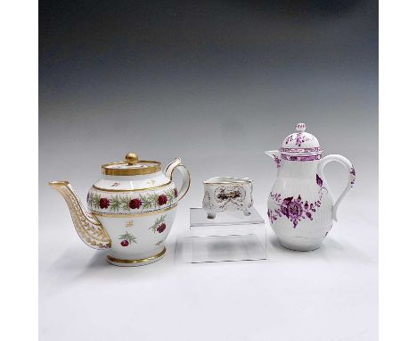 A 'Sevres' teapot and cover, 19th century, floral painted, height 14cm, together with a Furstenberg triangular shaped mustard