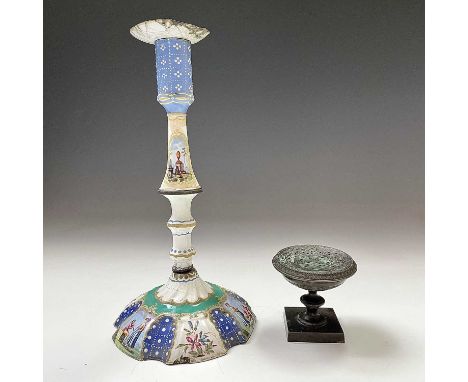 A South Staffordshire enamel candlestick, late 18th century, painted with figures, landscapes and floral panels, height 27cm,