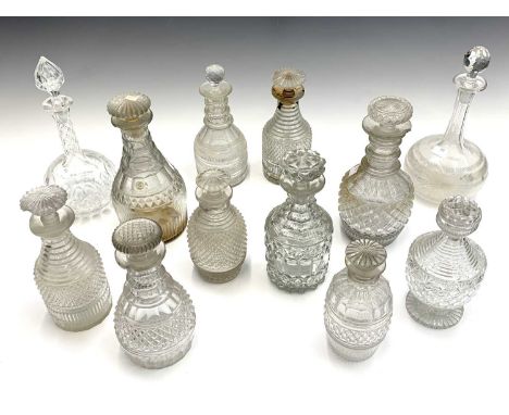A collection of twelve Georgian and later cut glass decanters and stoppers, the tallest 28cm (box).Provenance:Michael Trethew
