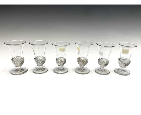 A set of six 19th century jelly glasses, the trumpet bowls with wrythen knopped bases, height 9.6cm.Provenance:Michael Trethe