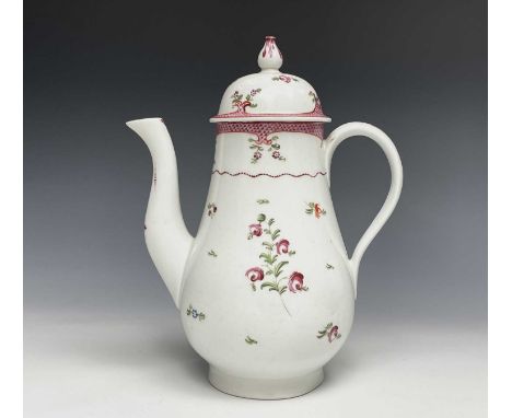 A Newhall porcelain coffee pot and cover, circa 1790, pattern no N173, height 25cm.Condition report: Tiny glaze chips on the 