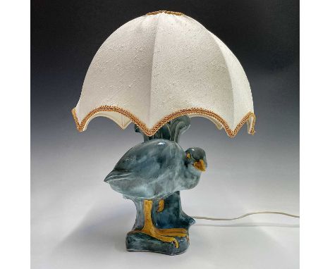 A studio pottery lamp modelled as a moorhen, height 28cm, together with a shade.Condition report: no damages to base, only pa
