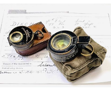 A WWI black lacquered brass military compass, engraved 'H.P.Dixon 5th Durham Light Infantry', the leather case similarly engr