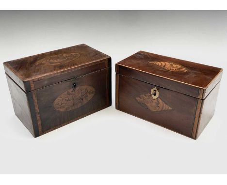 A George III mahogany tea caddy, with boxwood stringing and shell inlay, width 19cm, together with another caddy, with floral