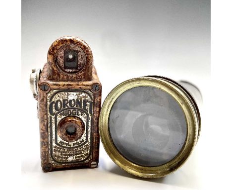 A Coronet Midget brown bakelite camera, height 6.5cm, together with a Victorian brass three draw telescope (2).Provenance:Mic