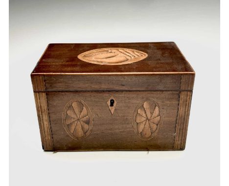 A late George III mahogany and boxwood strung tea caddy, with shell and oval inlaid decoration and divided interior, width 19