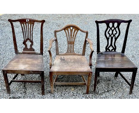 A 19th century fruitwood elbow chair with solid seat, on square legs, together with two other chairs with solid seats (3).Pro