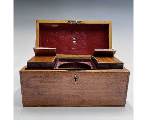 A George III satinwood and kingwood banded tea caddy, of plain rectangular form, the interior fitted with two lidded compartm