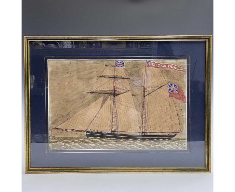 A 19th century watercolour ship portrait of a schooner, an ensign inscribed ELIZABETH, SCOWN, 28cm x 43cm.NB. The Elizabeth S