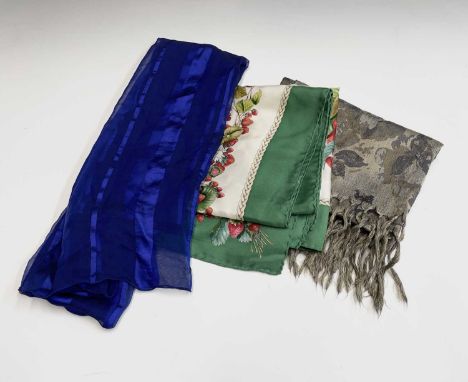 A Gucci printed silk scarf, fruit and butterfly design, 87cm x 87cm; together with a Jaeger blue silk scarf and Jaeger silk m