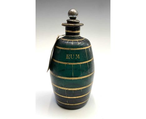 A 19th century green glass decanter, inscribed 'Rum' and decorated in gilt, with stopper. Height 18.5cm. Provenance:Michael T