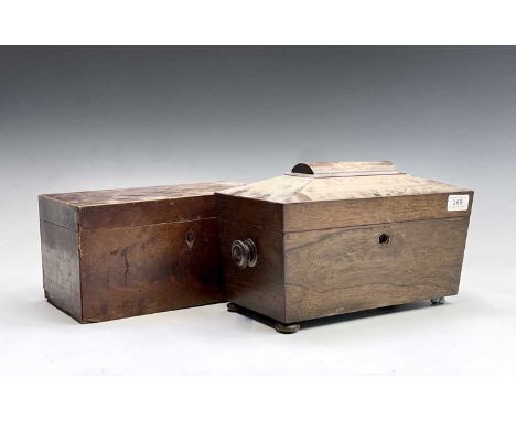 A William IV rosewood tea caddy, of sarcophagus form, the interior with two lidded compartments and a glass mixing bowl, widt