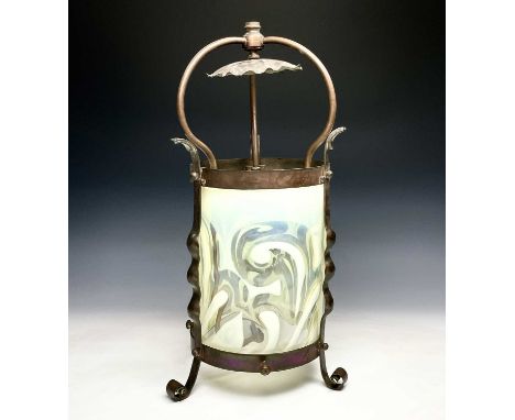 An Arts &amp; Crafts copper hanging hall lantern, fitted with vaseline glass shade, perhaps Powell, originally a gas light fr