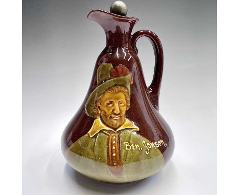 A Royal Doulton Dewars whisky flask, with tube-lined portrait of Ben Jonson, with original stopper, height 20cm.