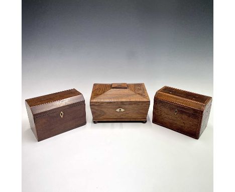 A late Regency rosewood tea caddy, the interior with two divisions, width 18.5cm, together with another similar tea caddy, an