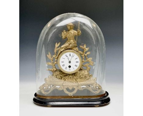 A French gilt metal mantel clock, 19th century, beneath a glass dome, on an ebonised stand, full height including dome and st