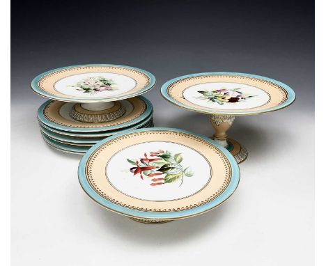A Victorian Staffordshire dessert service decorated with flowers, comprising three comports and six dessert plates (9).Condit