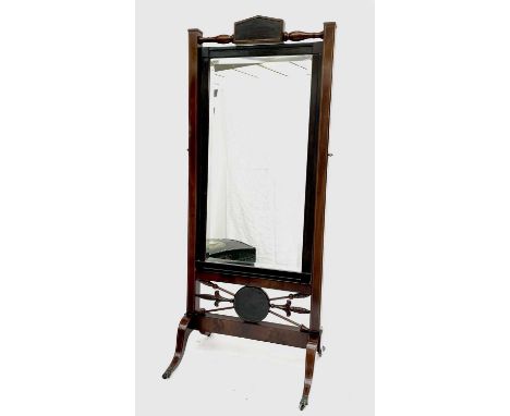 A late 19th century French mahogany boxwood inlaid cheval mirror, the top rail over a bevel edged rectangular plate and raise