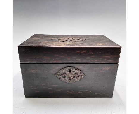 An early Victorian Coromandel wood tea caddy, with cut brass mounts, the interior fitted with two satinwood compartments. Wid