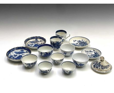 A small collection of Worcester 18th century blue and white porcelain teawares, including zig-zag fence pattern, fisherman an