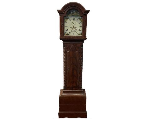 An early Victorian eight day longcase clock, the arched white painted dial signed 'J.Hodge, Helston' and contained in a pine 