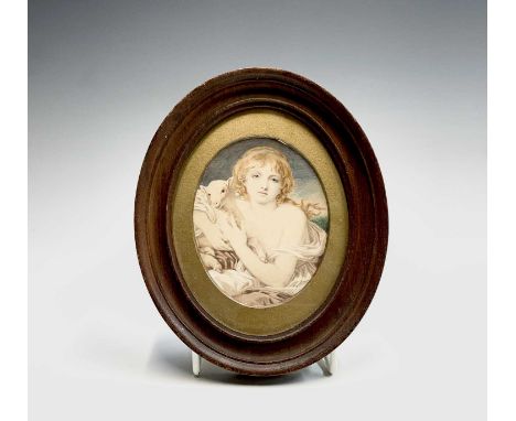 After Jean-Baptiste GreuzeHalf length portrait of a young girl holding a lambWatercolourInscribed 'After Greuze' in ink verso