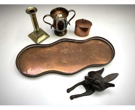 A Victorian brass door knocker, cast as a fox, height 26cm, an old Sheffield plate loving cup, a copper tea caddy, a candlest