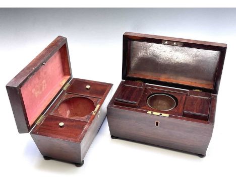 A William IV mahogany sarcophagus shape tea caddy, the interior fitted with two lidded compartments, width 29.5cm, together w