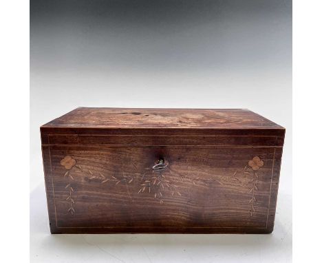 A late George III mahogany rectangular tea caddy, with line inlaid decoration, and floral and swag inlaid front, the interior