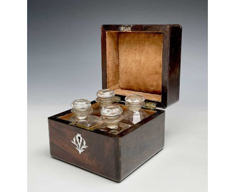 A Victorian rosewood and mother of pearl inlaid box, containing four glass scent bottles and stoppers, width 13.5cm.Provenanc
