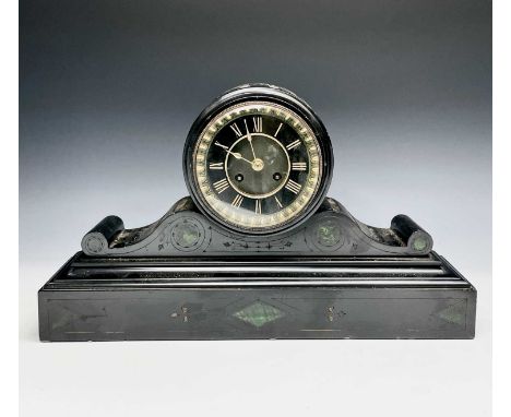 A Victorian black slate mantel clock, height 29cm, width 50cm.