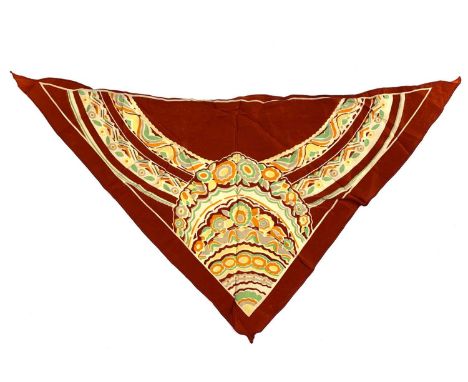 Cryséde red scarf with yellow, green, orange design.Cryséde fabrics are recognised as important products of the Newlyn art sc