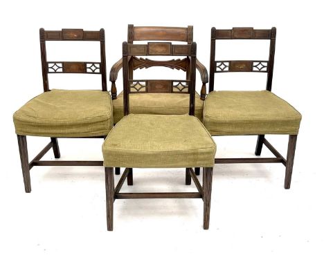 A set of three Regency mahogany and shell inlaid dining chairs, raised on reeded square tapering legs, together with a simila