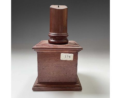 A mahogany grand tour style money box, 19th century, modelled as a ruined column on a square plinth, height 28cm.Provenance:M